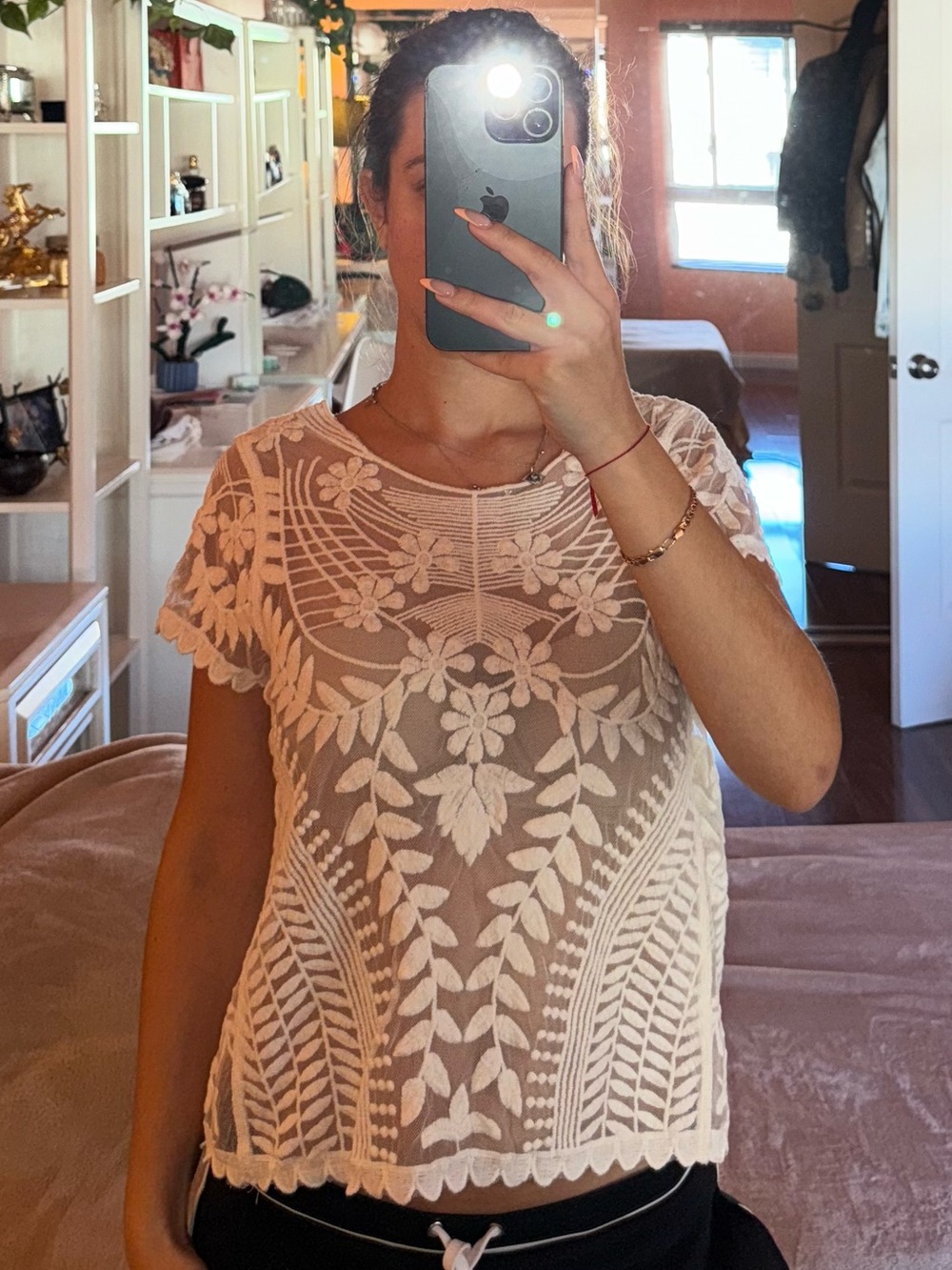 Express Cream Sheer Embroidered Top
